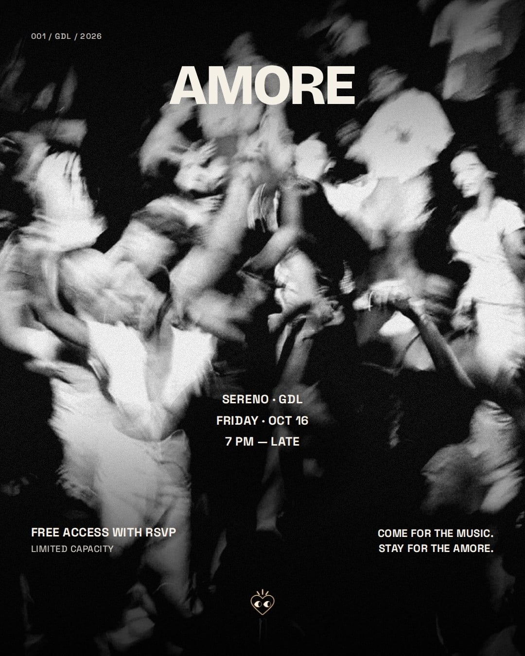 Official AMORE 001 flyer: Sereno, GDL. Friday, Oct 16, 7 PM — late. Free access with RSVP, limited capacity.